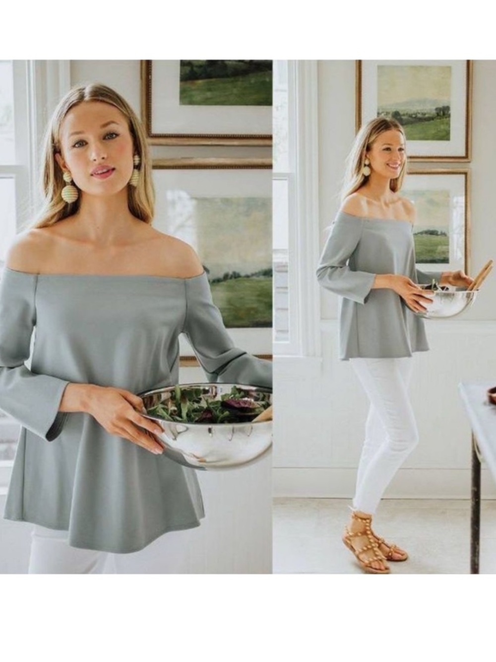 Tuckernuck Miranda Off the Shoulder Blouse Long Sleeve Top Slate  Blue Size M